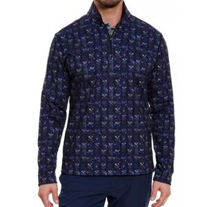 Robert Graham Mens Cutting Edge Blue Skull Print 1/4 Zip Shirt Large Classic Fit